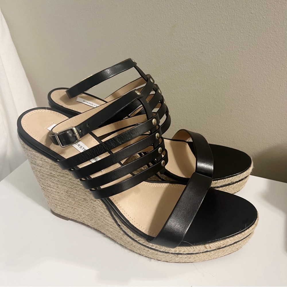 Diane Von Furstenberg Gabby Strappy Leather Espadrille Wedge Sandals Black